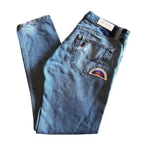 RE/DONE Sample 90s Jeans High Rise Button Fly Denim Pants Blue Patches 29 Flawed